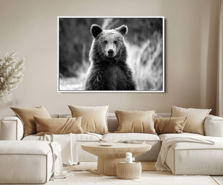 Grizzly Bear Wall Art Canvas Print, Framed Black White Bear Art Picture Print, Wild Bear Perfect Rustic Wildlife Decor