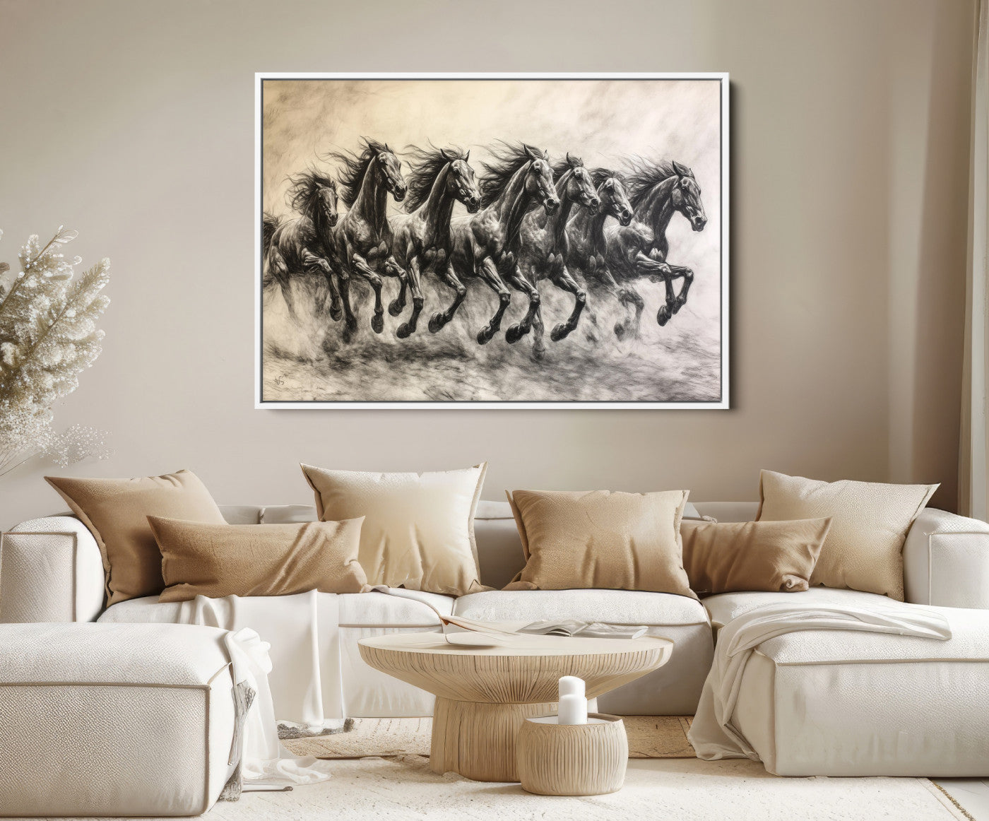 56089591-MGV-FC-36X24-Galloping Horses Wall Art Canvas Print – Framed Wild Stallions Herd Sketch Dynamic Equestrian Artwork for Home Office