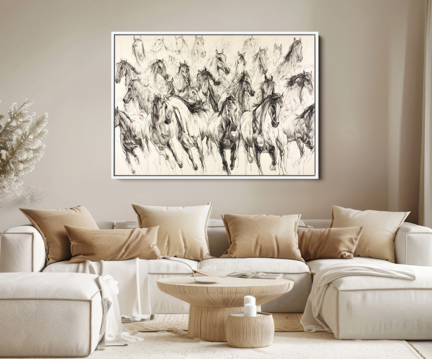 Running Horses Wall Art Canvas Print, Framed Horse Sketch Art Picture Print, Galloping Herd Perfect Monochrome Western Decor