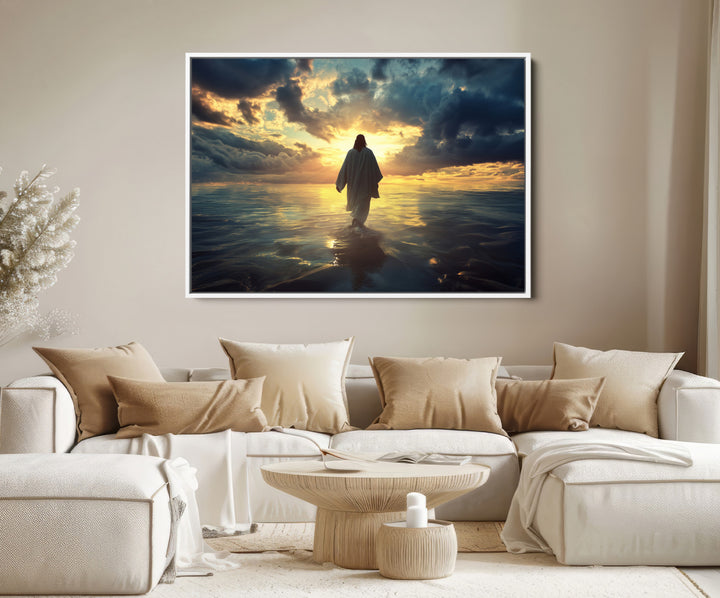 Jesus Walks Wall Art Canvas Print, Framed Divine Sunset Art Picture Print, Spiritual Light Perfect Spiritual Tranquil Decor Artwork