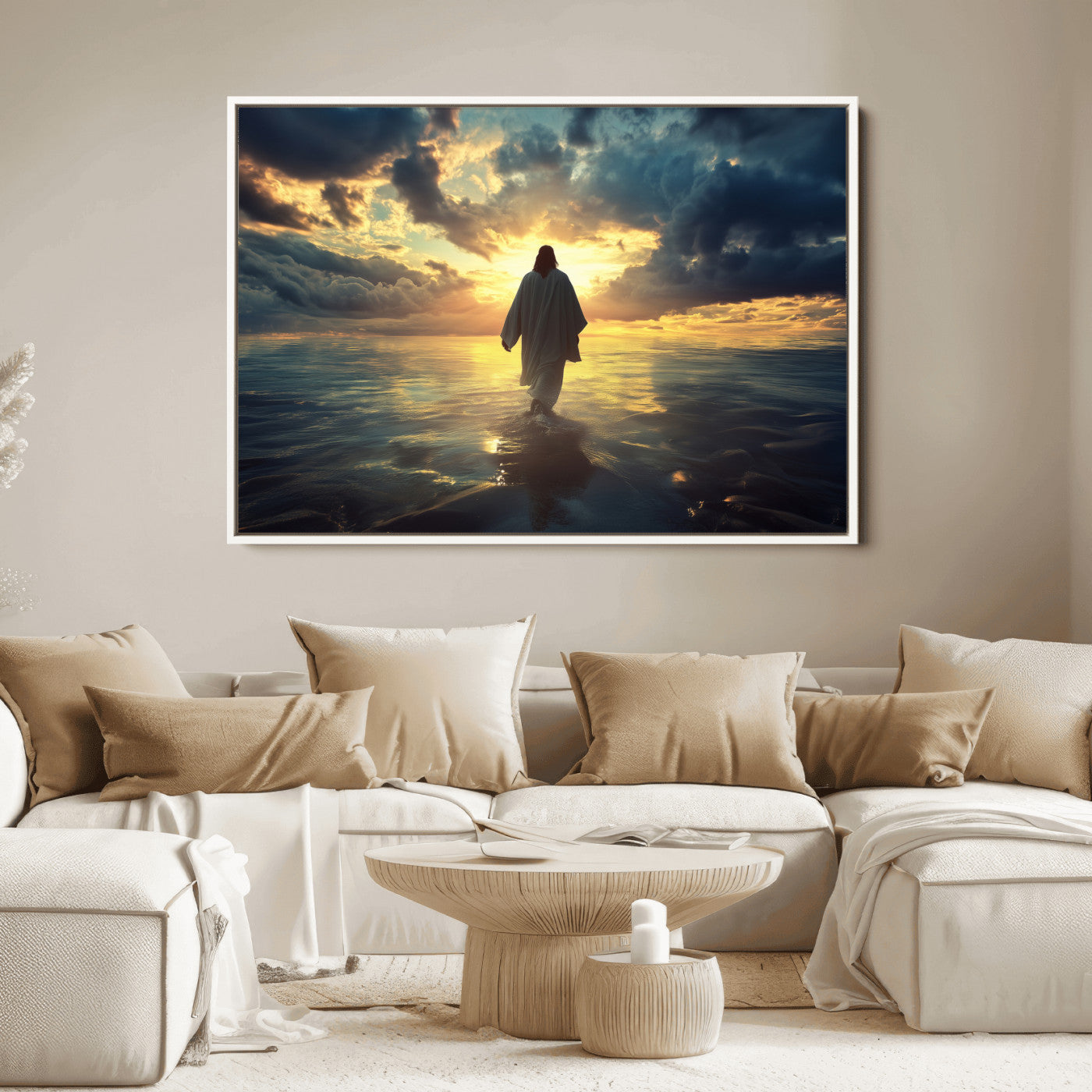 Spiritual artwork of Jesus walking on water at golden hour with divine light, ideal for Christian home decor or prayer room.