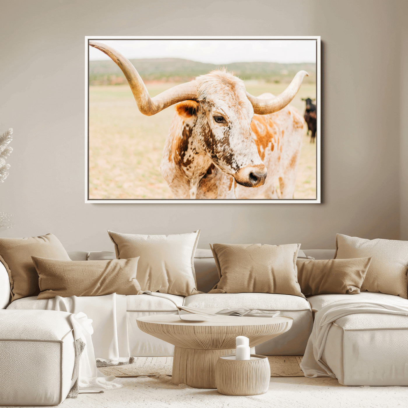 Close-up of a speckled Texas Longhorn in warm prairie tones, perfect for rustic western or countryside-themed room decor.