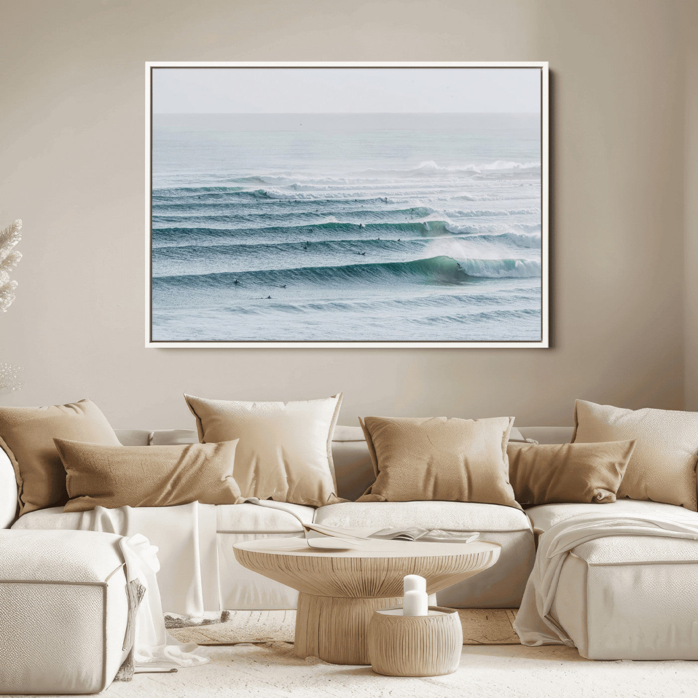 High-angle view of surfers lining up across layered ocean waves, ideal for minimal coastal or surf-inspired room decor.