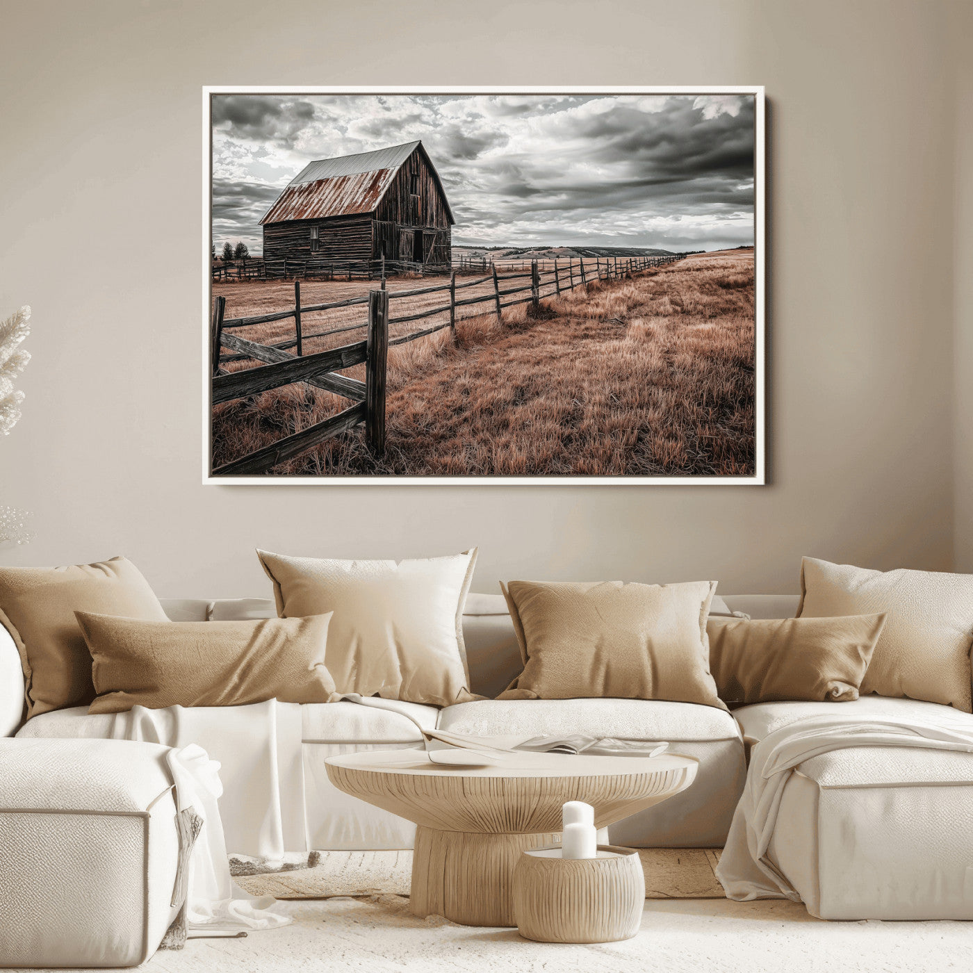 Framed canvas of a rustic barn under a moody sky with weathered fence and dark fields, ideal for farmhouse or rural-style wall decor.