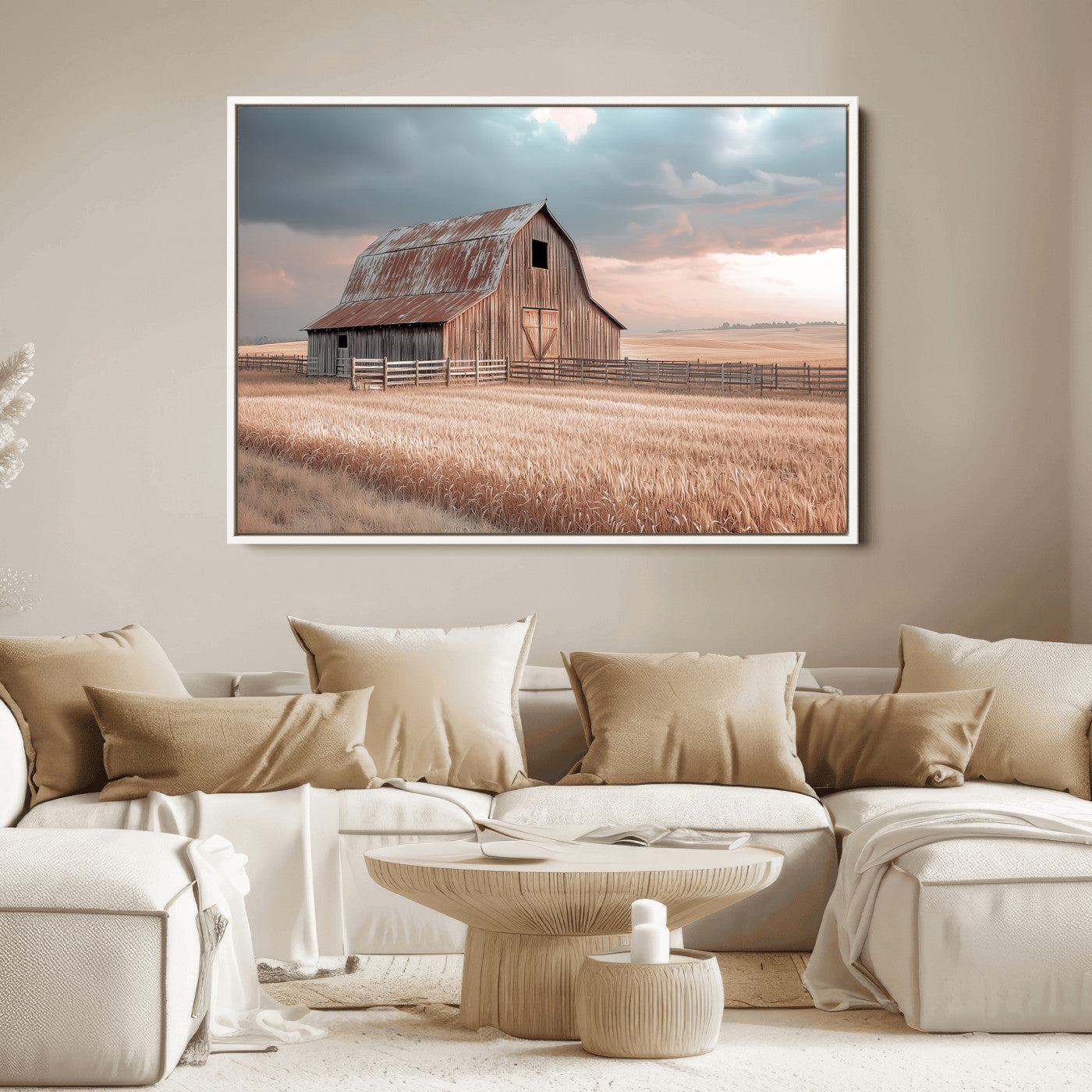 Framed canvas of a rustic barn in a golden wheat field under soft skies, ideal for vintage farmhouse or country-style wall decor.