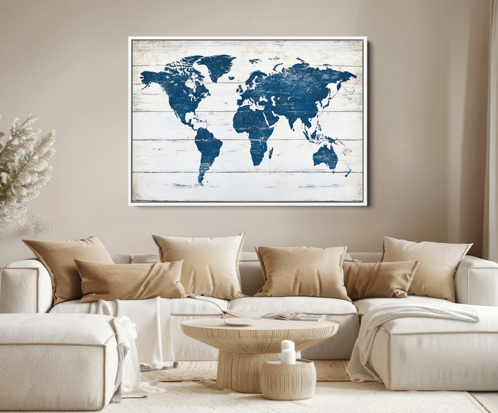 World Map Wall Art Canvas Print, Framed Rustic Atlas Art Picture Print, Wooden Map Perfect Vintage Decor Artwork