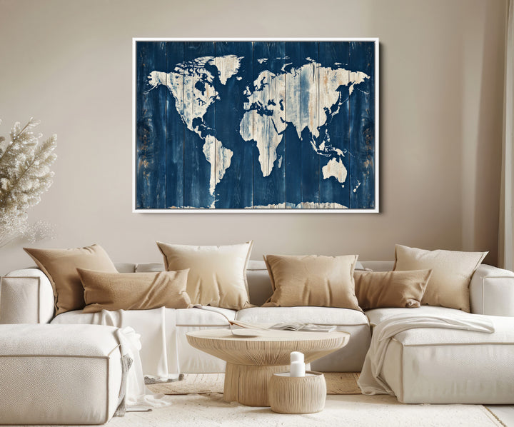 World Map Wall Art Canvas Print, Rustic Map Print, Framed Wooden World Map Art Print, Large Antique Map Decor Printing Perfect for Vintage Decor