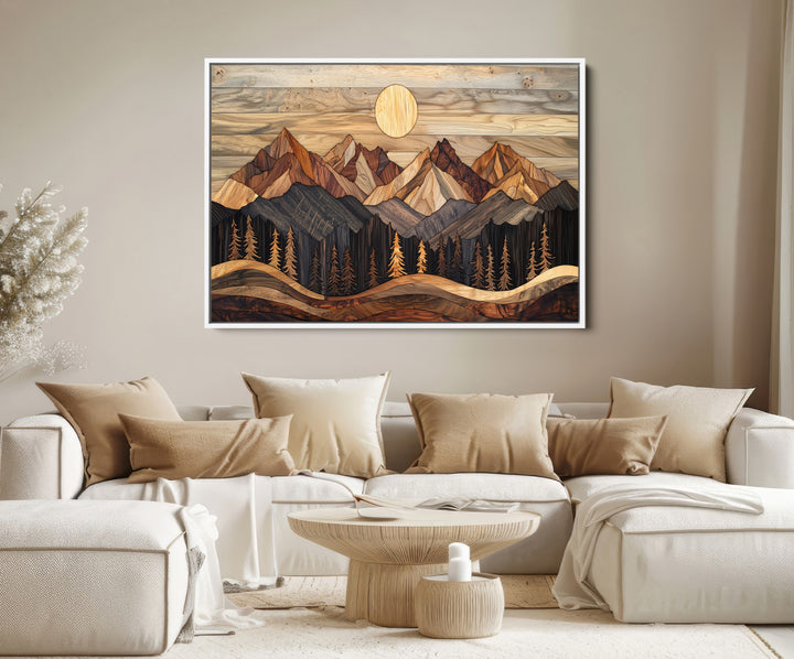 Wood Mountain Wall Art Canvas Print, Framed Boho Wood Art Print, Abstract Woodland Farmhouse Decor