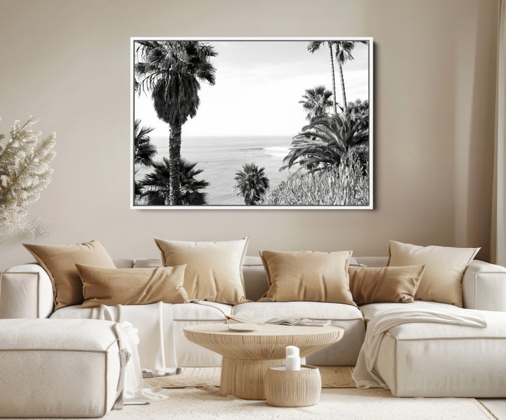 Palm Trees Wall Art Canvas Print, Framed Coastal Art Picture Print, Ocean Horizon Perfect Monochrome Coast Decor