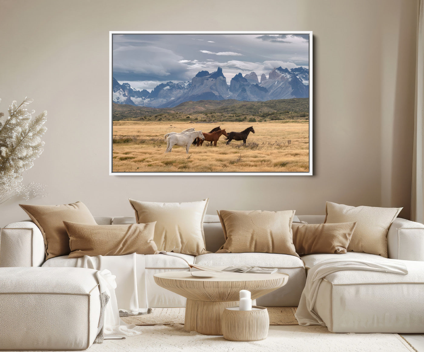 69960232-MGV-FC-36X24-Horses Grazing Wall Art Canvas Print – Framed Mountain Field Scenic Landscape Cloudy Sky Nature Artwork for Home Office