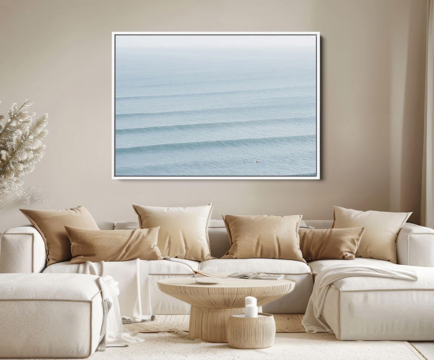 47814787-MGV-FC-36X24-Ocean Waves Wall Art Canvas Print – Framed Solo Surfer Wave Lines Coastal Seascape Nature Artwork for Home Office