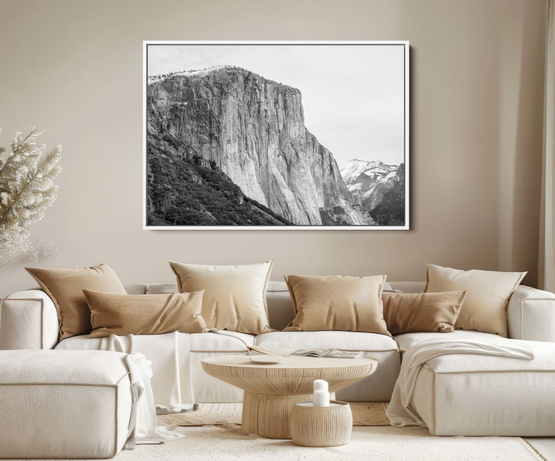El Capitan Wall Art Canvas Print, Framed Yosemite Cliff Monochrome Mountain Art