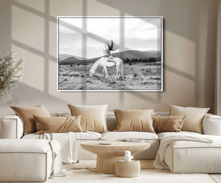 White Horse Wall Art Canvas Print, Woman Rider Print, Framed Equestrian Pose Art Print, Large Grazing Horse Printing Western Boho