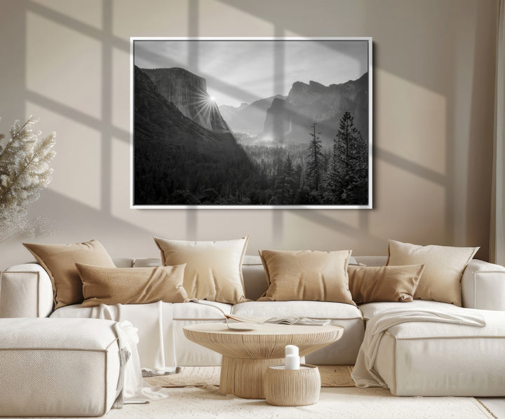 Yosemite Valley Wall Art Canvas Print, Framed El Capitan Sunrise Print, Framed Misty Mountain Art Print, Large Monochrome Valley Printing