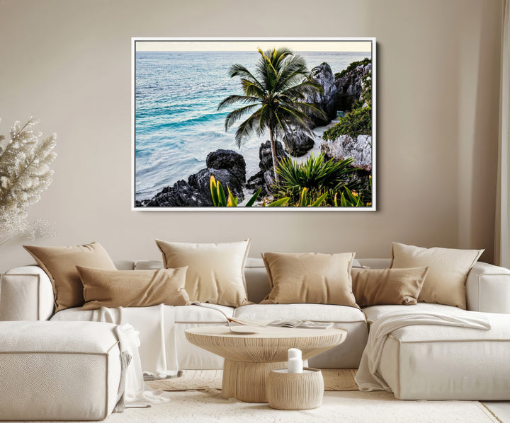 Tropical Coastline Wall Art Canvas Print, Framed Palm Tree Art Picture Print, Rocky Beach Perfect Tropical Coastal Decor