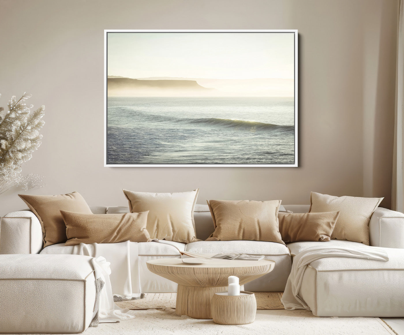39310633-MGV-FC-36X24-Coastal Cliffs Wall Art Canvas Print – Misty Ocean Seascape Framed Soft Morning Light Nature Artwork for Home Office