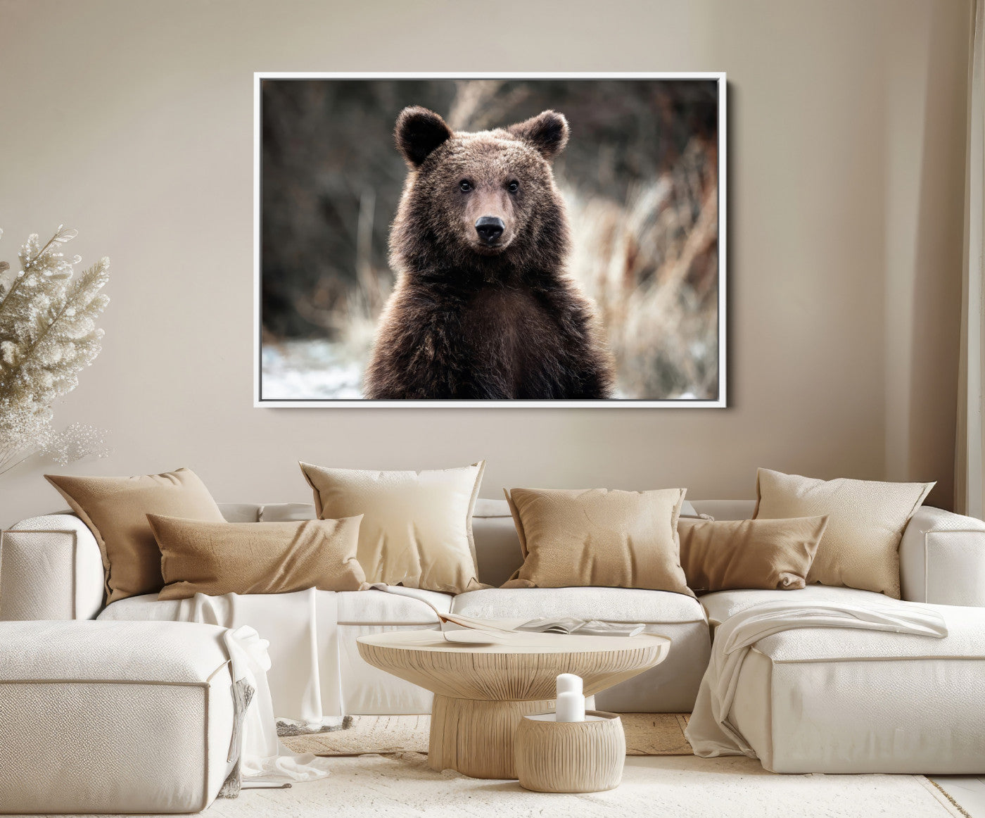 47112103-MGV-FC-36X24-Brown Bear Wall Art Canvas Print – Framed Majestic Woodland Wildlife Scene Artwork for Cabin, Home, Office, Living Room