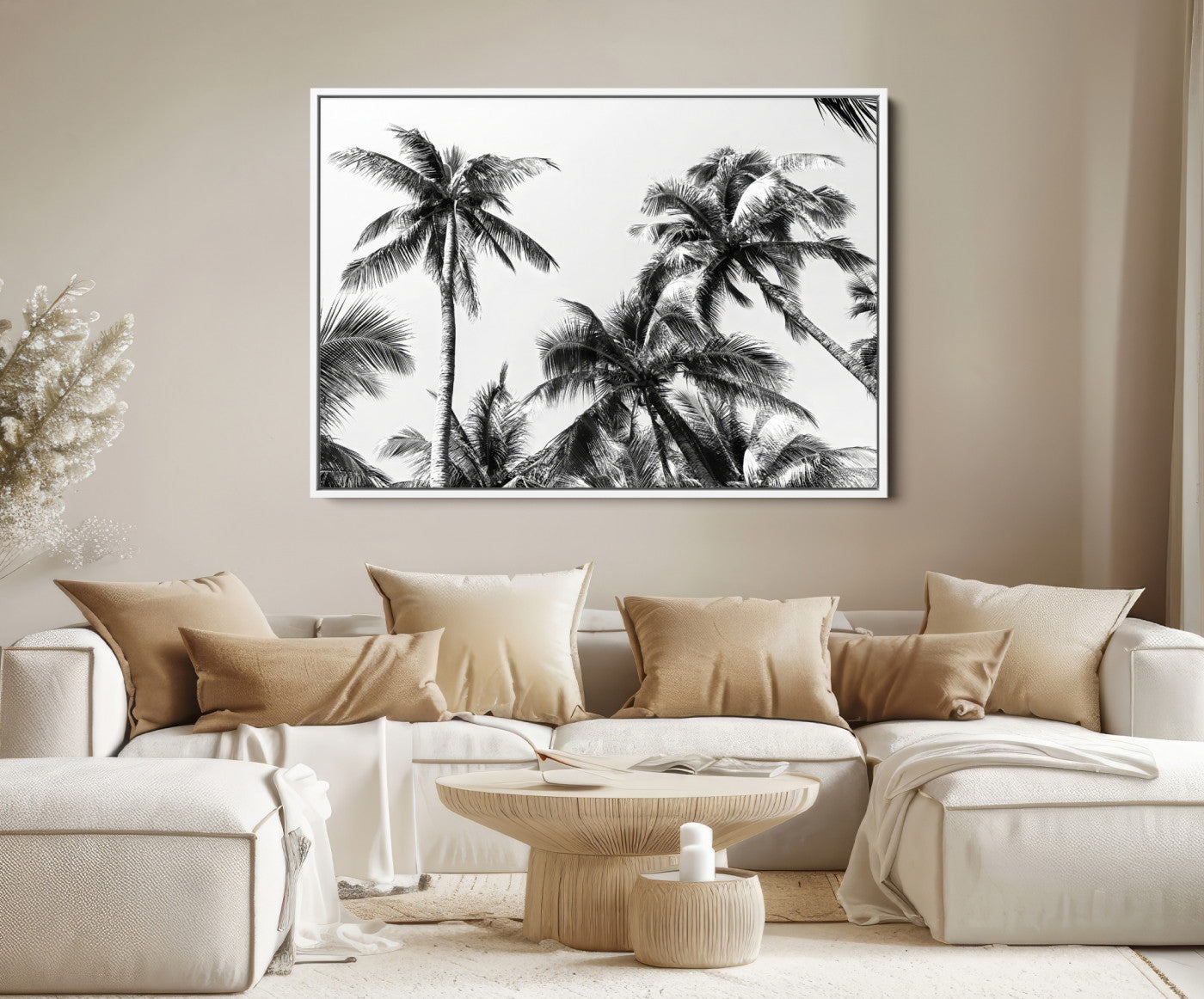 46641801-MGV-FC-36X24-Palm Wall Art Canvas Print – Framed Monochrome Tropical Scene Artwork for Minimalist Home, Office, Living Room Decor