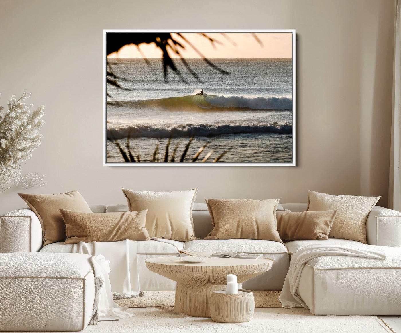 24896468-MGV-FC-36X24-Sunset Surf Wall Art Canvas Print – Framed Golden Hour Waves Scene Artwork for Boho Home, Office, Living Room Decor