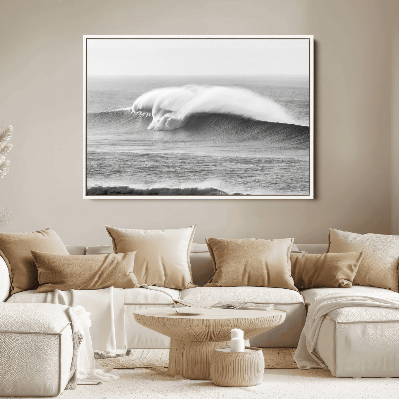 A dramatic black and white ocean wave crashing with immense force, capturing the raw power and movement of the sea in a bold seascape.