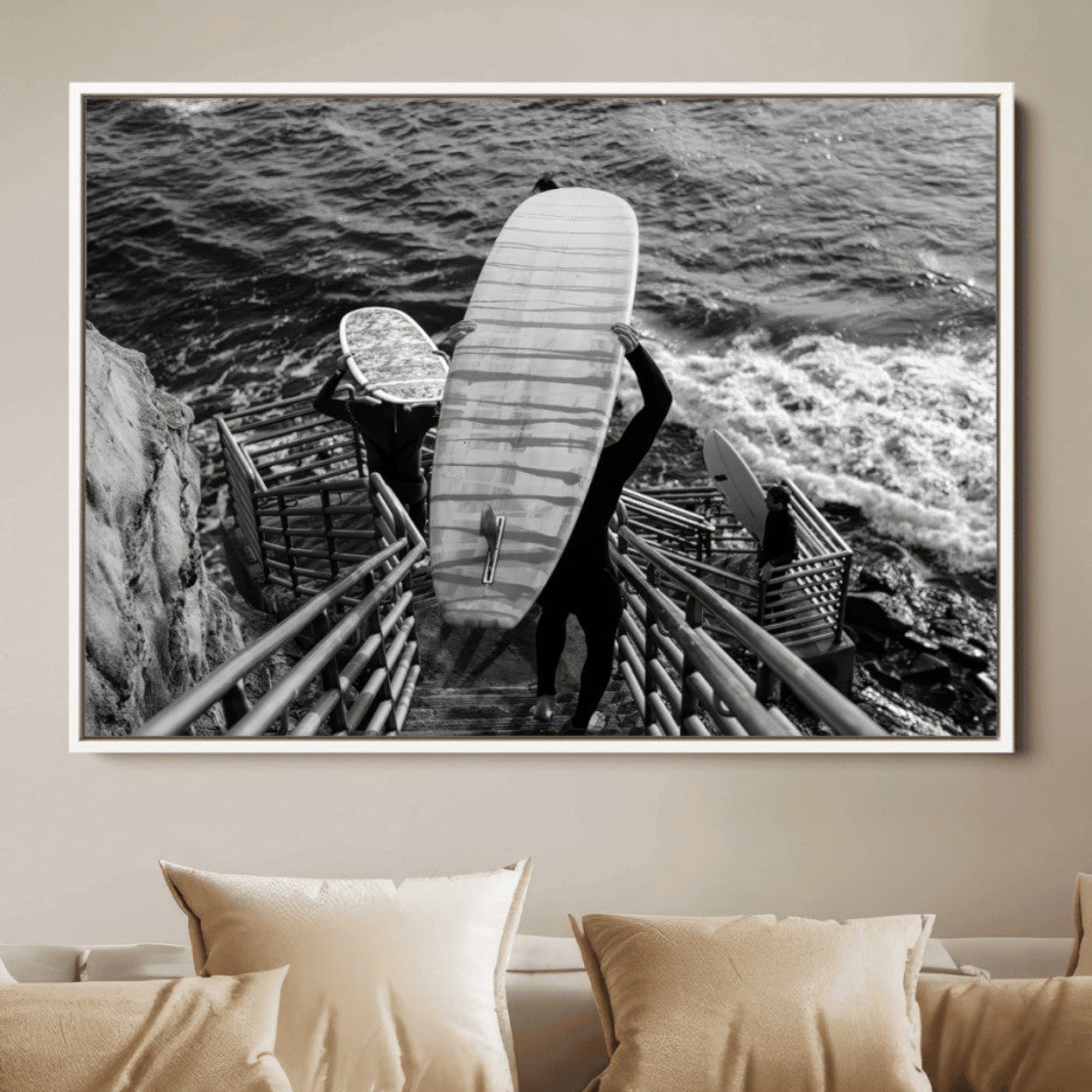 32353707-MGV-FC-36X24-Black White Surfing Wall Art Canvas Print – Framed Coastal Surfing Art Picture Wave Riders Artwork for Home, Office