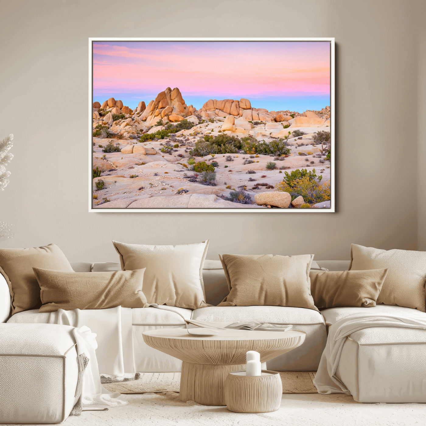 A breathtaking desert landscape featuring rugged rock formations under a vibrant pastel sunset sky, capturing the warmth and serenity of a Southwestern wilderness.