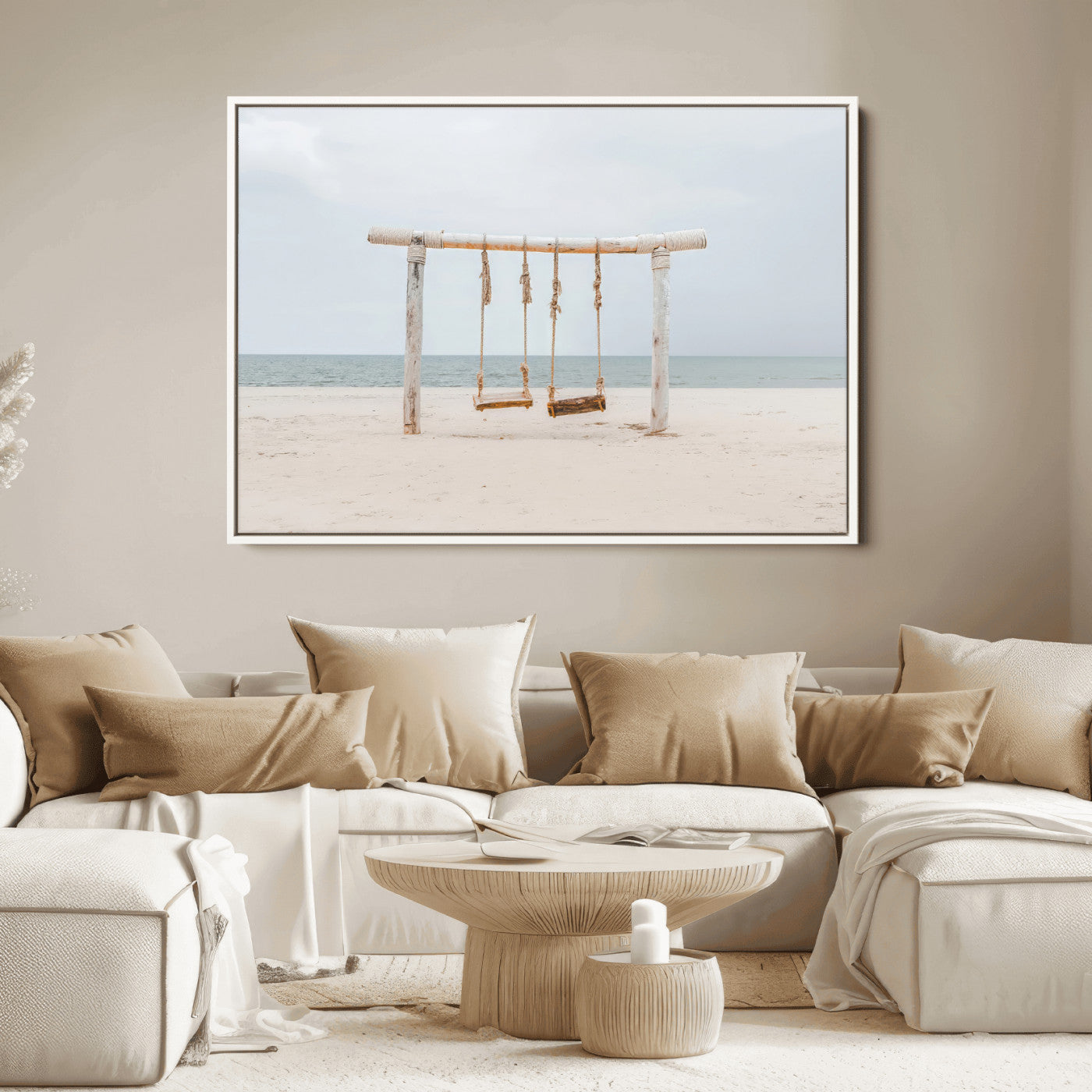 A rustic wooden beach swing stands on a serene sandy shore with an ocean horizon in the background, creating a tranquil and dreamy coastal escape.