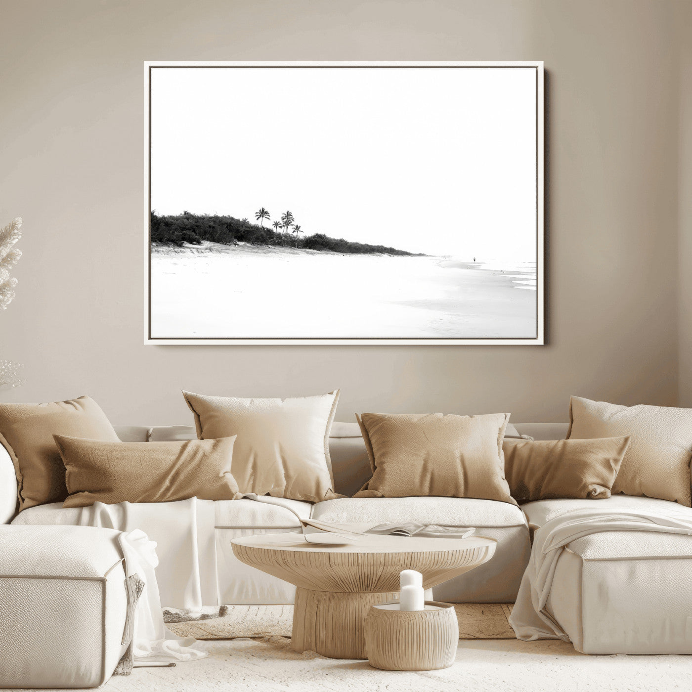 A black and white minimalist coastal scene with a vast open beach, distant palm trees, and a lone figure walking along the shoreline, evoking serenity and solitude.
