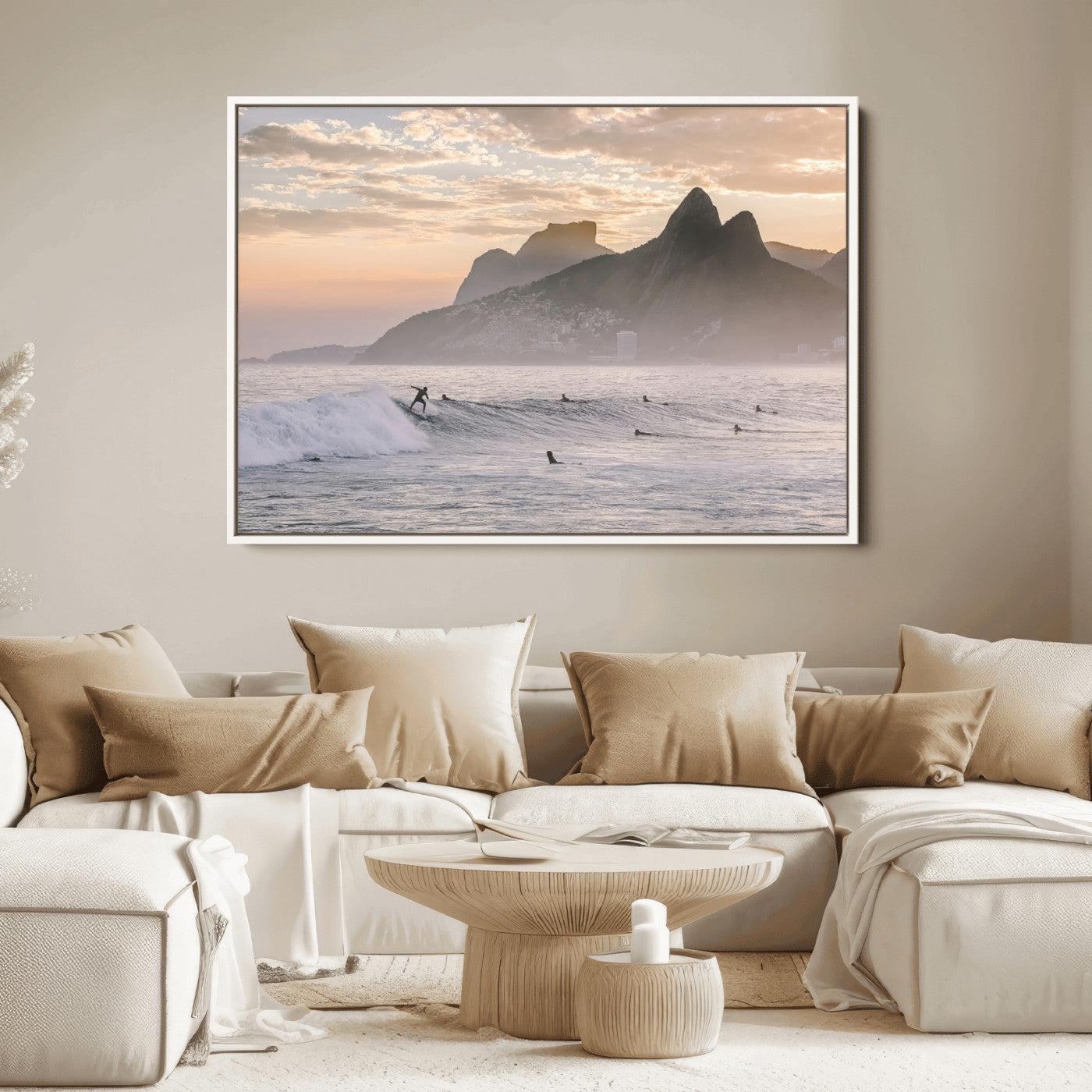 A surfer rides a golden hour wave near misty coastal mountains, surrounded by fellow surfers, capturing the spirit of a coastal adventure.