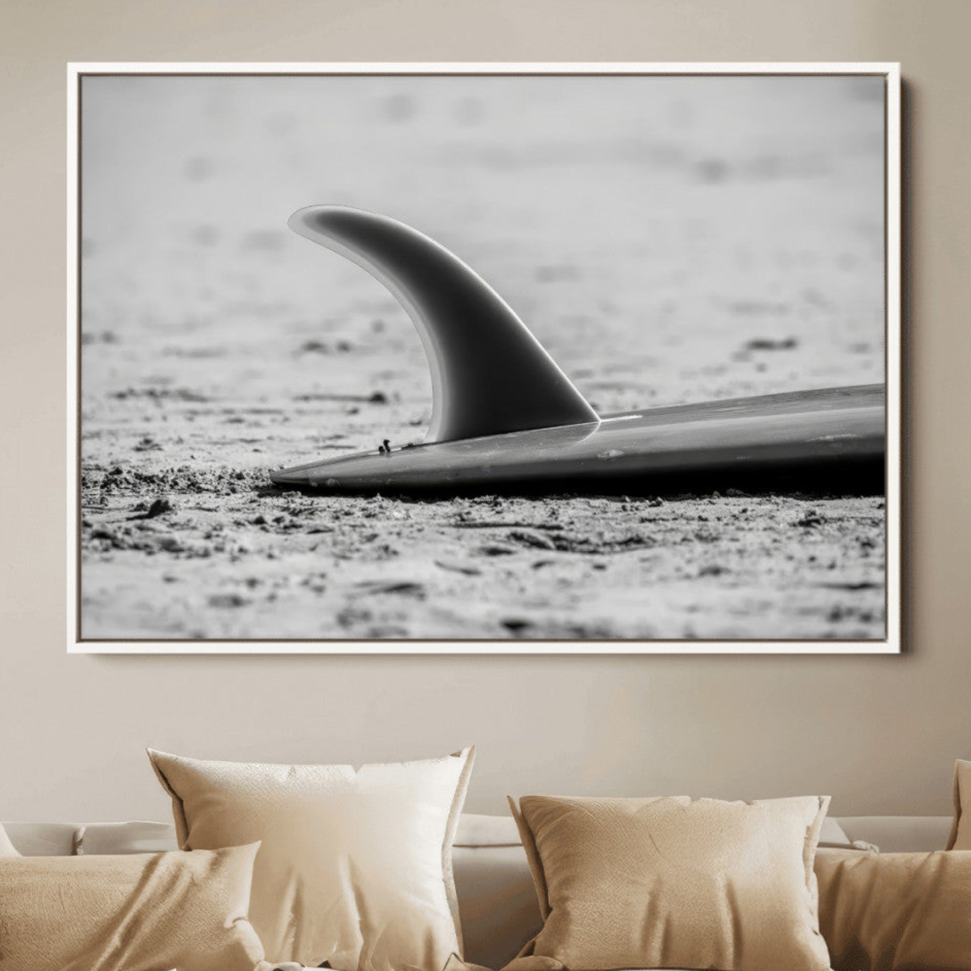 87750525-MGV-CV-36X24-Black White Surfboard Wall Art Canvas Print – Framed Minimalist Beach Art Picture Surf Fin Artwork for Home Office