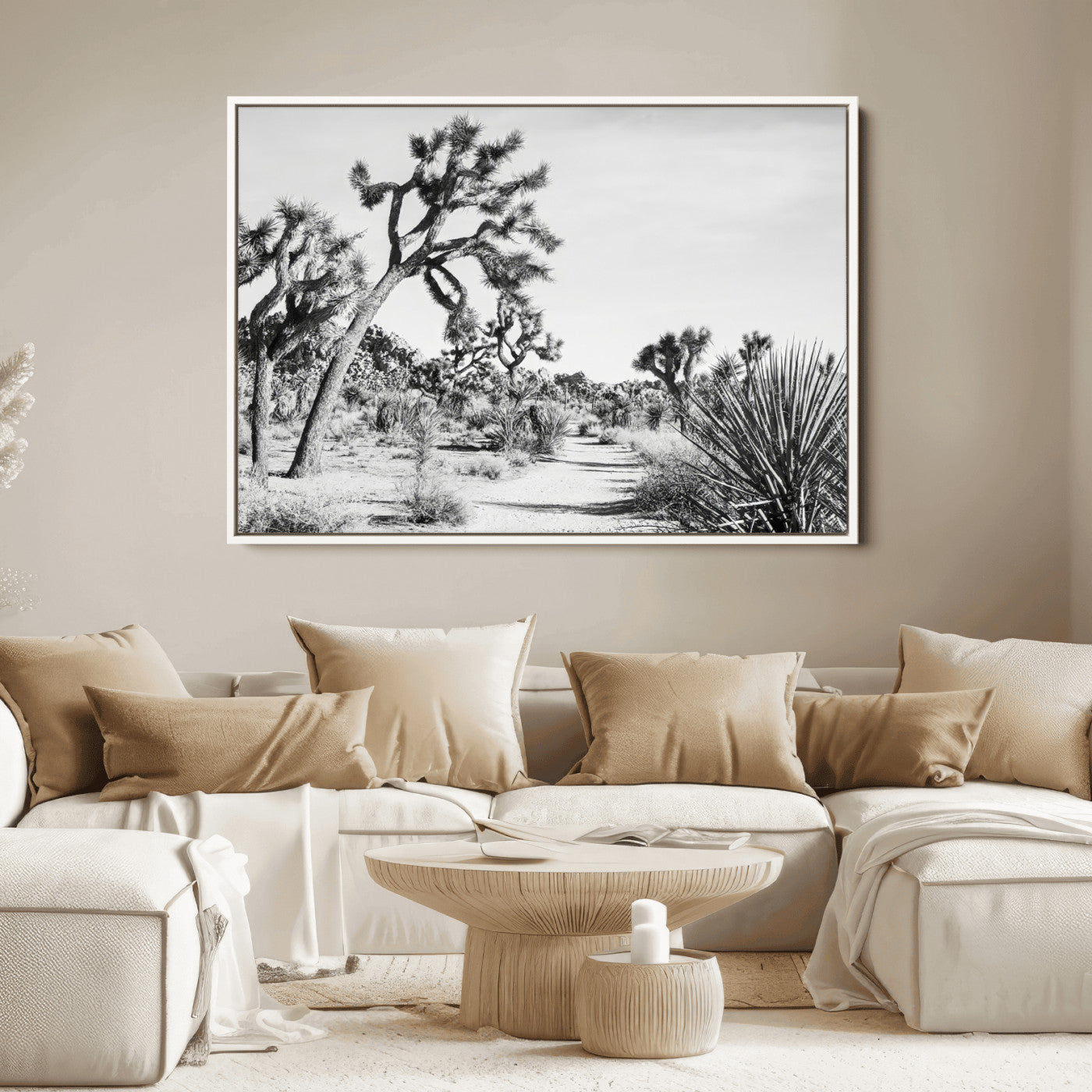 Canvas of a Joshua Tree forest in black and white tones, featuring a desert path and spiky vegetation, ideal for minimalist or rustic decor.