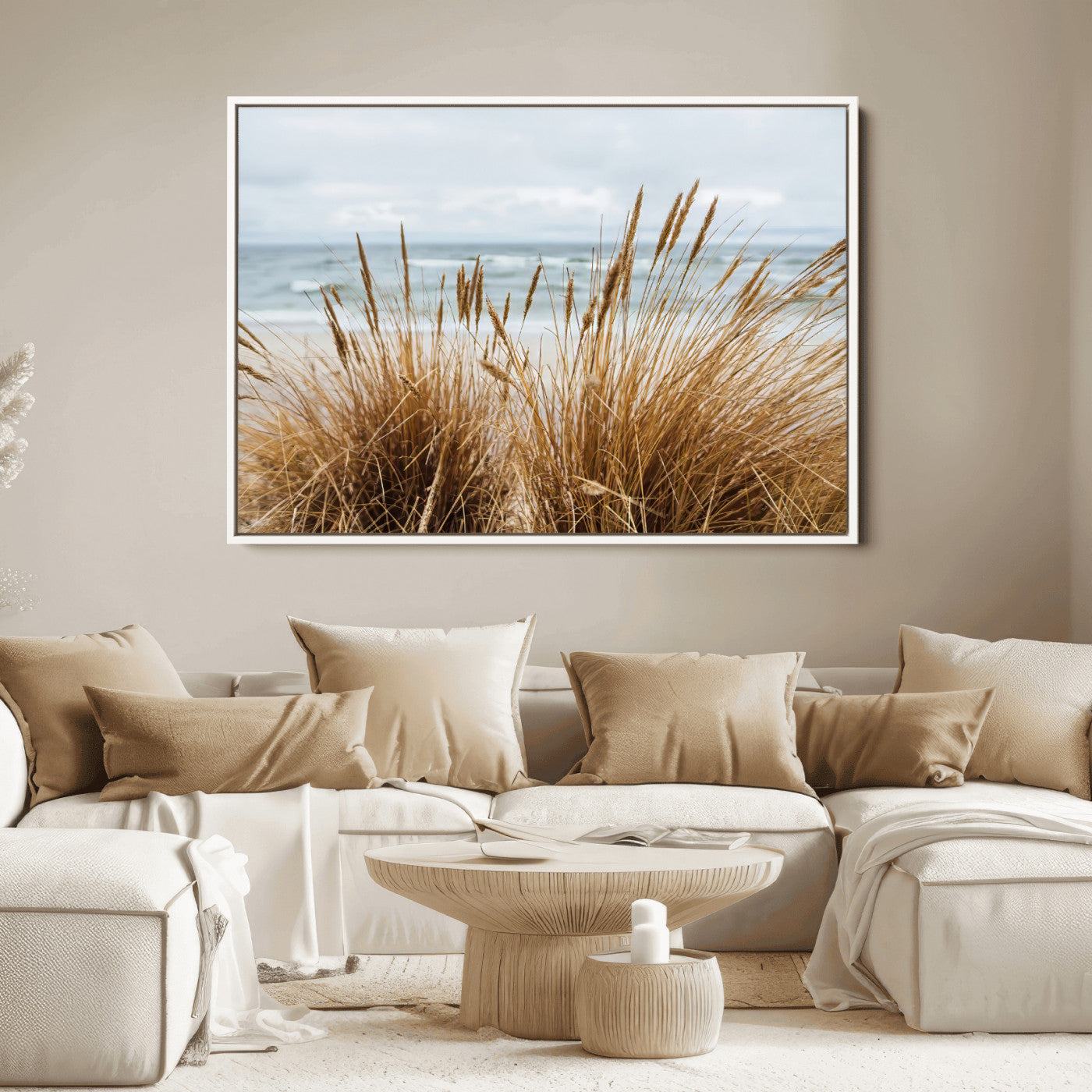 Canvas of golden beach grass swaying by the ocean under a soft cloudy sky, perfect for neutral-toned or coastal minimalist decor.