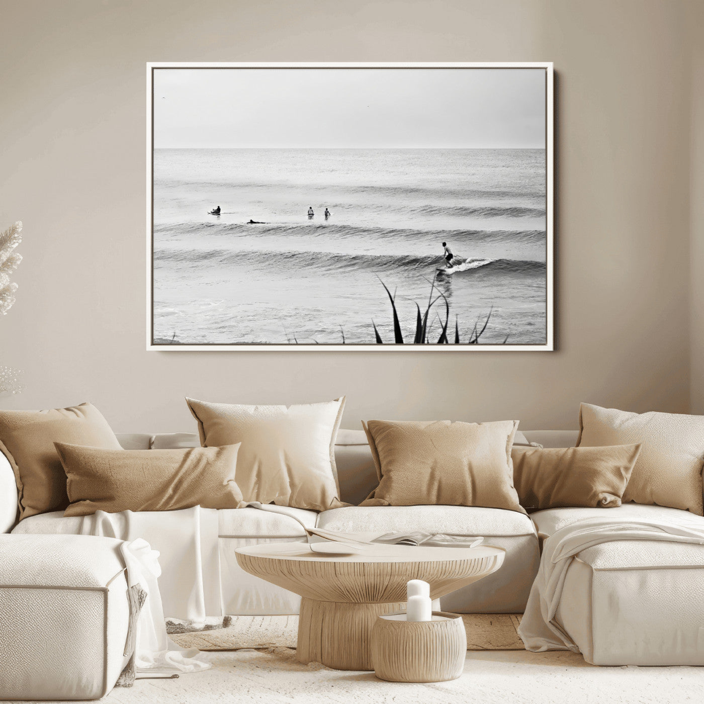 Monochrome canvas of surfers on calm ocean waves, ideal for minimalist coastal or beach-inspired interior decor.