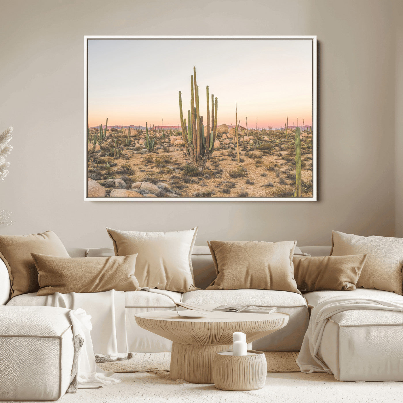 Canvas of tall desert cacti in warm sunset tones over a rocky Baja landscape, ideal for earthy or Southwestern-style home decor.