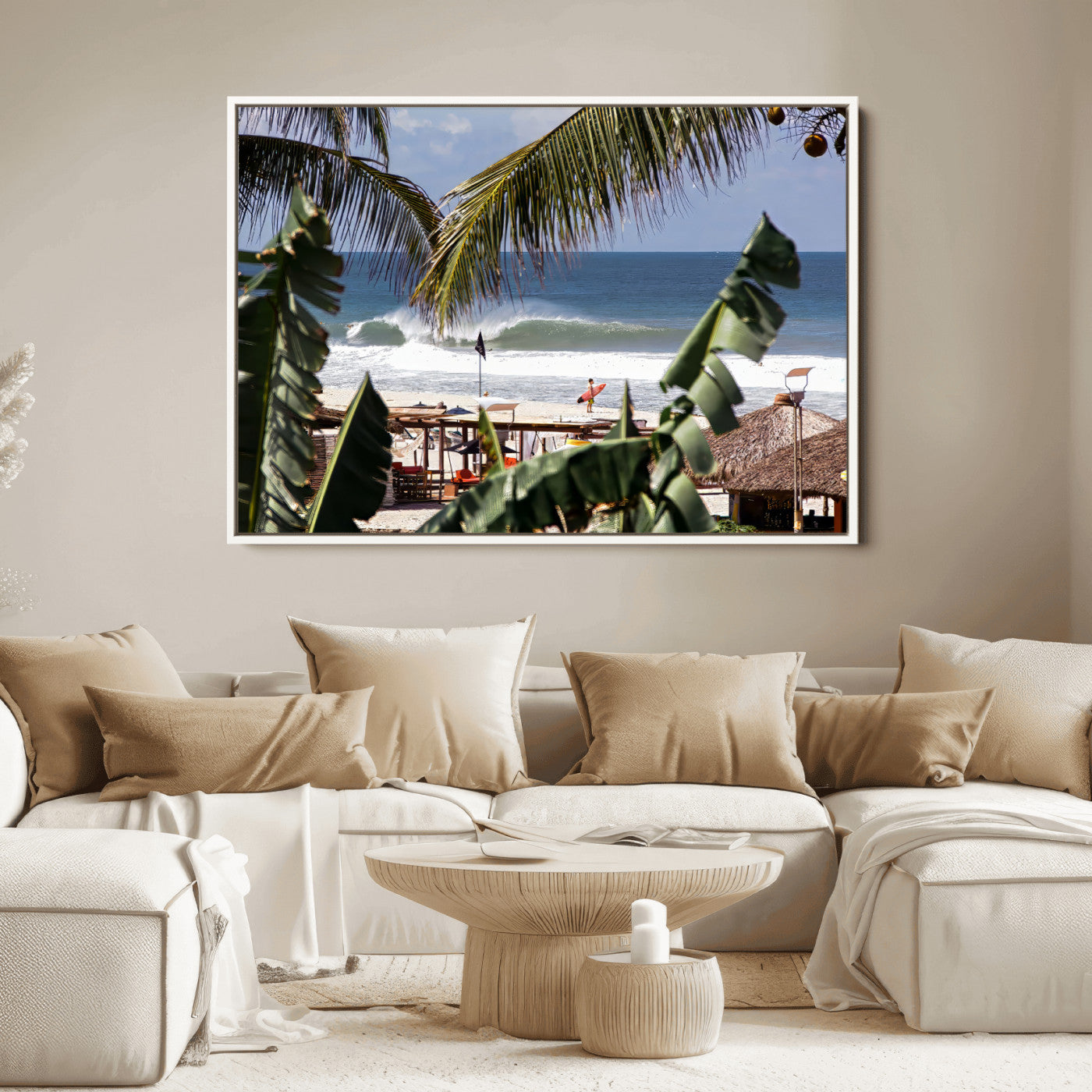 Canvas wall art of a tropical surf scene framed by palm trees, with a surfer on the shore and waves rolling in, ideal for beach-themed decor.