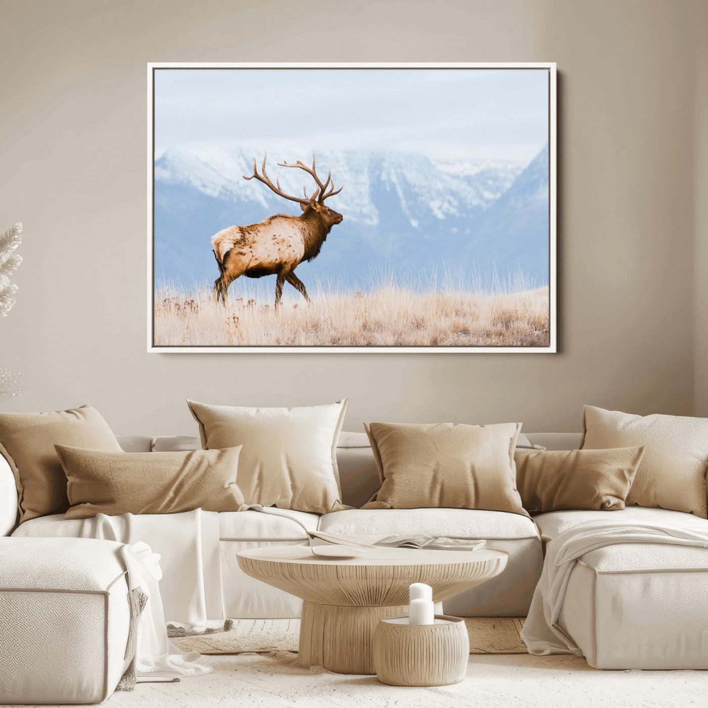An elk walking on snowy grassland with majestic mountains in the background, ideal for rustic lodge or cabin wall decor.