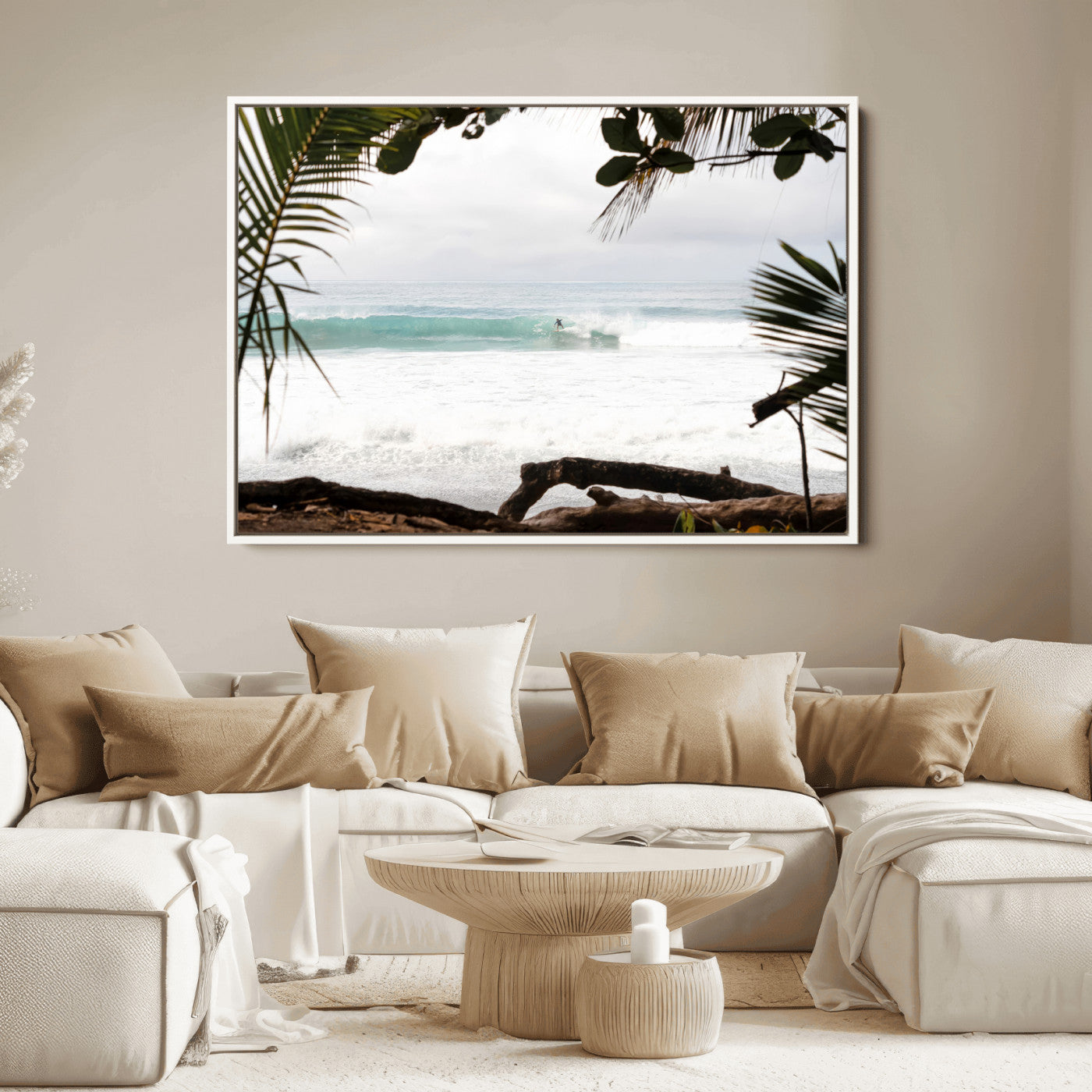 Tropical beach view with palm trees and surfer riding a wave, perfect for boho or coastal-inspired interior wall decor.