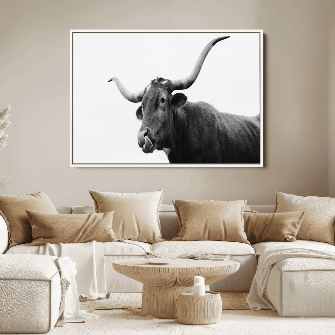 Black and white photo of a Texas Longhorn cow with curved horns, ideal for rustic, western or minimalist style home decor.