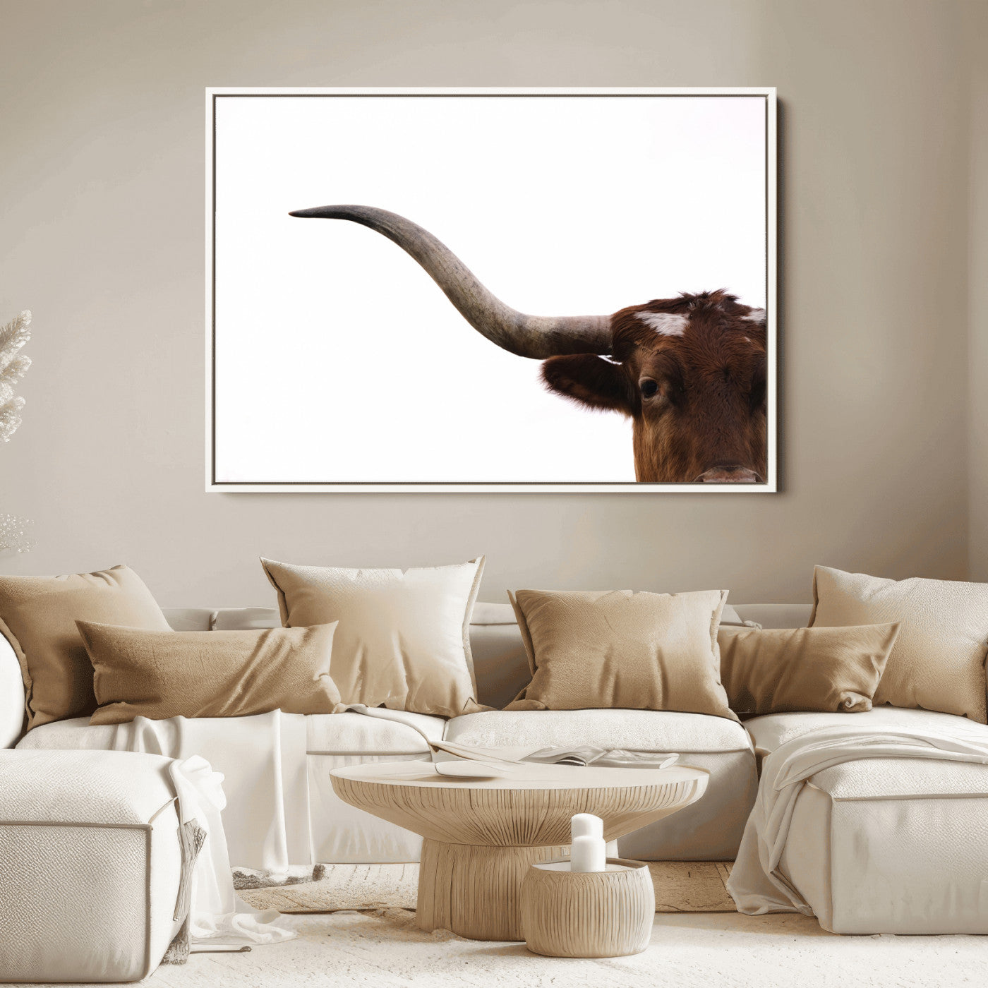 Close-up of Texas Longhorn horn and eye on white background, perfect for minimalist or modern farmhouse style wall decor.