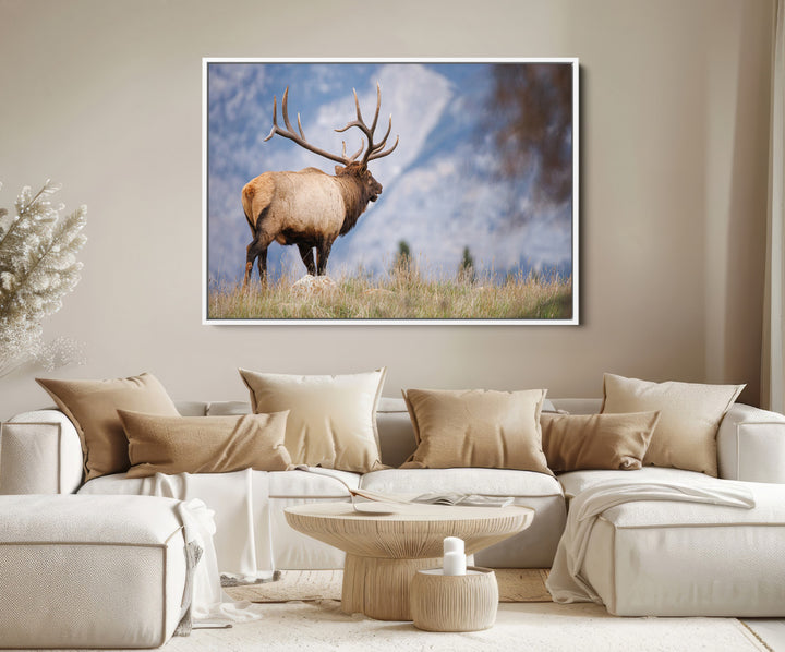 Rustic Elk Wall Art Canvas Print, Wildlife Antler Print, Framed Western Hunting Lodge Art Print