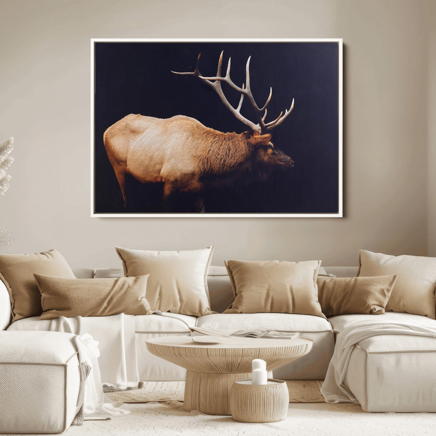 Side profile of an elk with large antlers on dark background, creating a bold rustic statement for cabin or Western-themed decor.