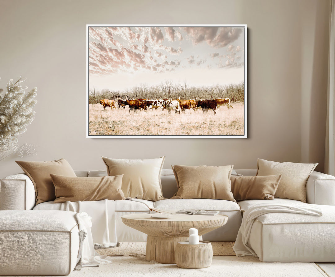 Longhorn Cattle Wall Art Canvas Print, Texas Ranch Print, Framed Western Cow Art Print, Large Prairie Landscape Printing Perfect for Western Decor