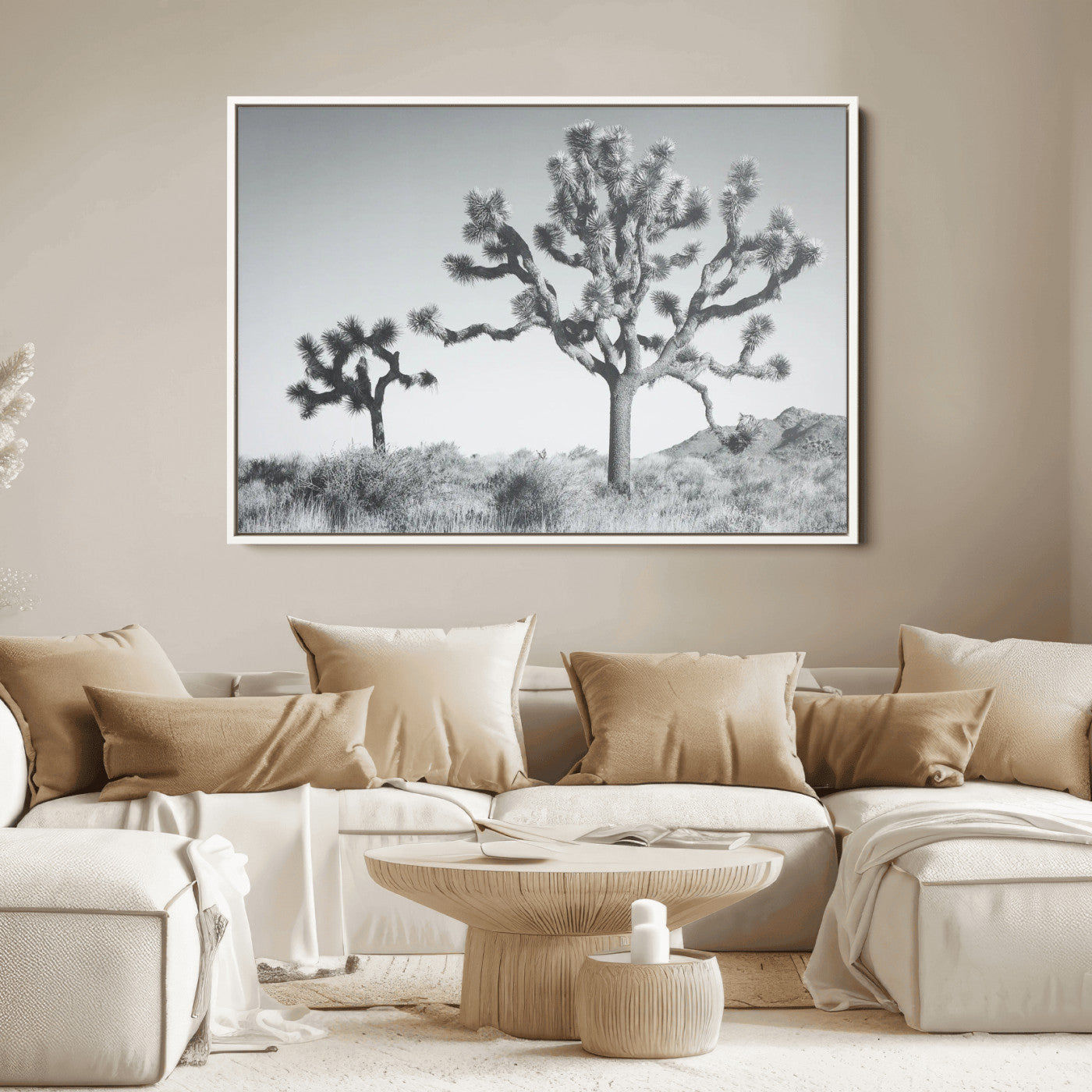 Two Joshua trees in a black and white desert landscape with distant hills, ideal for boho or rustic interior wall styling.