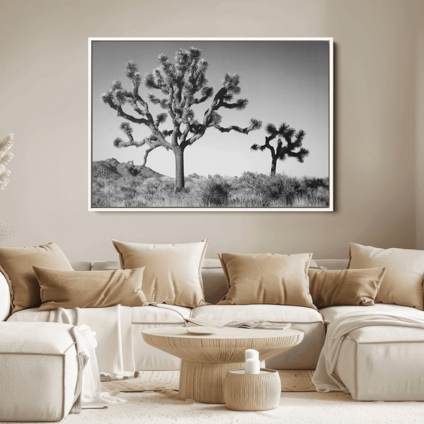 Black and white desert scene with two Joshua trees under clear sky, perfect for rustic or boho-inspired home decor.