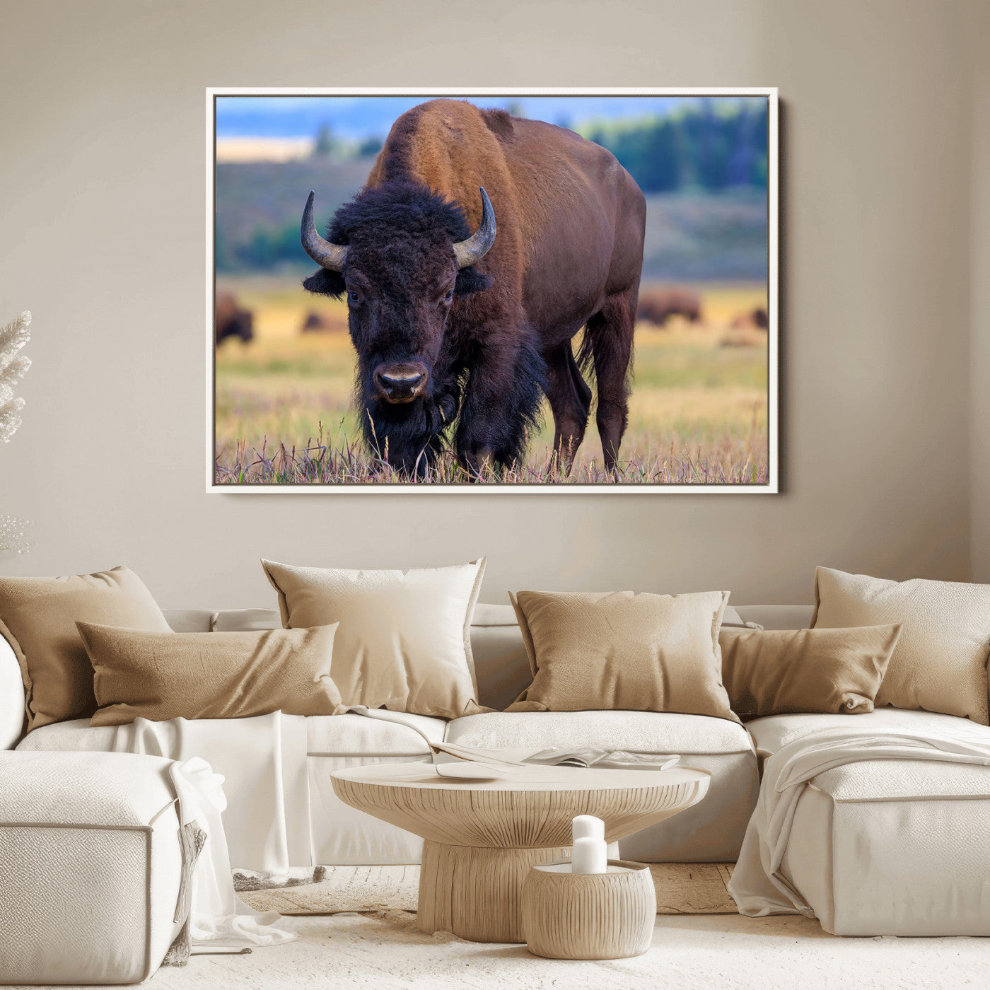Close-up of a strong American bison standing in a grassy prairie with a blurred herd in background, perfect for rustic lodge decor.