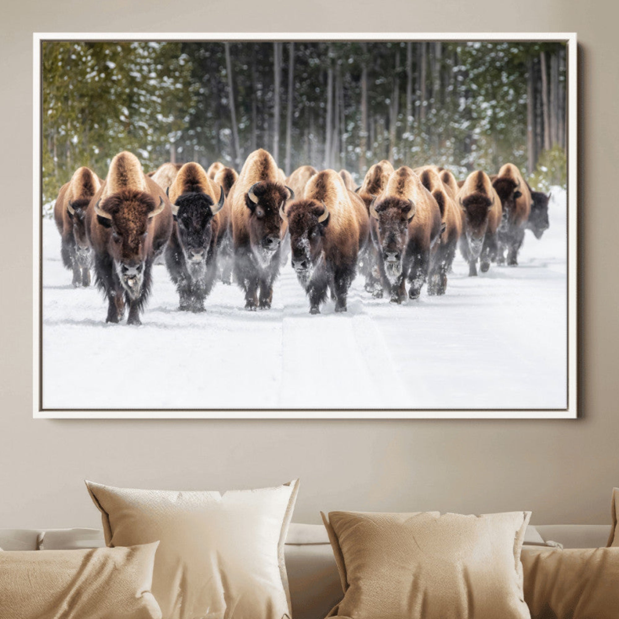 87750525-MGV-CV-36X24-Bison Herd Scene Wall Art Canvas Print – Framed Western Wildlife Art Picture Rustic Animal Artwork for Home Office