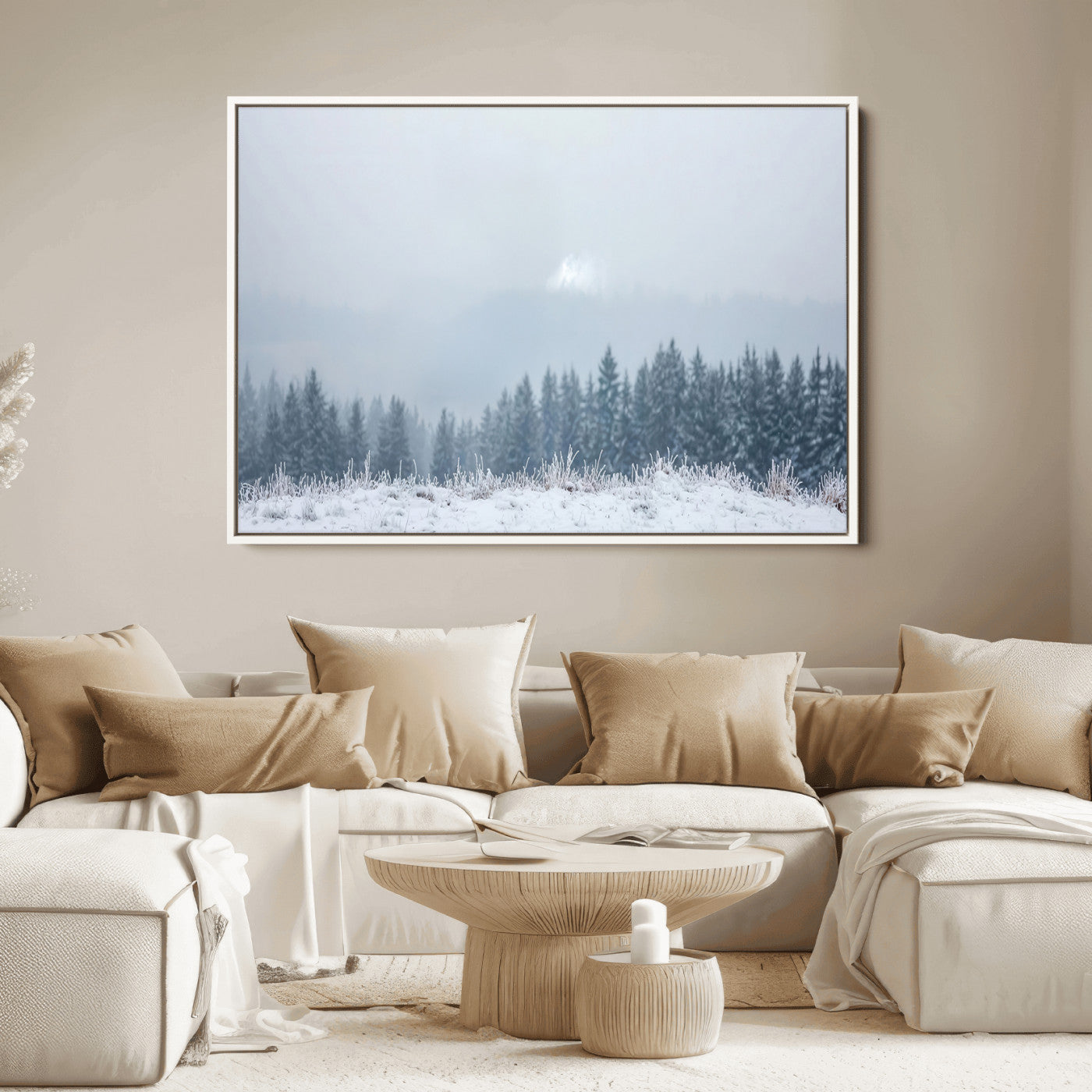 Snow-covered forest under misty sky, soft light breaking through clouds, ideal for minimalist or Nordic-inspired home decor.
