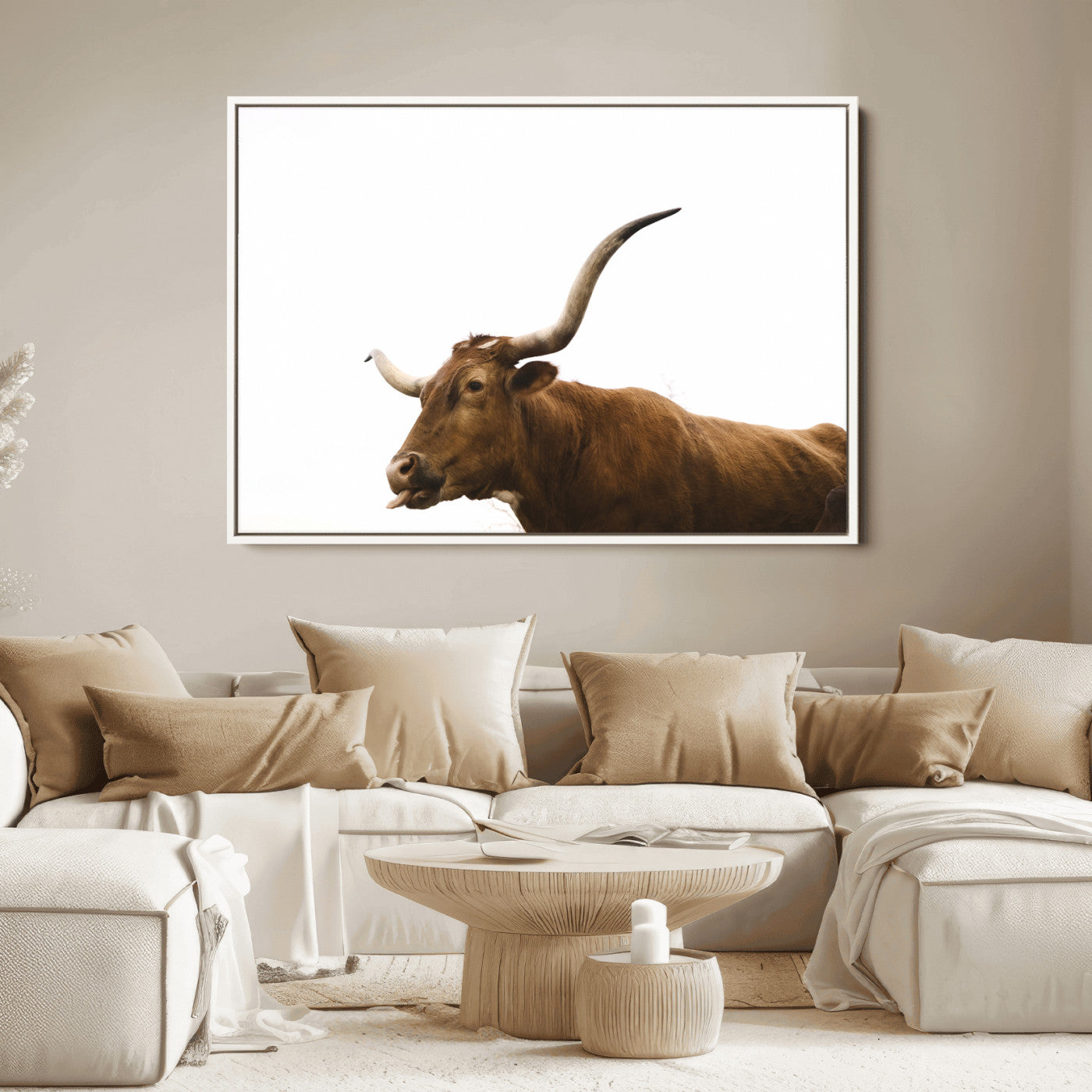 Minimal photo of a longhorn cow with white background, ideal for rustic, western or farmhouse-style interior decor.