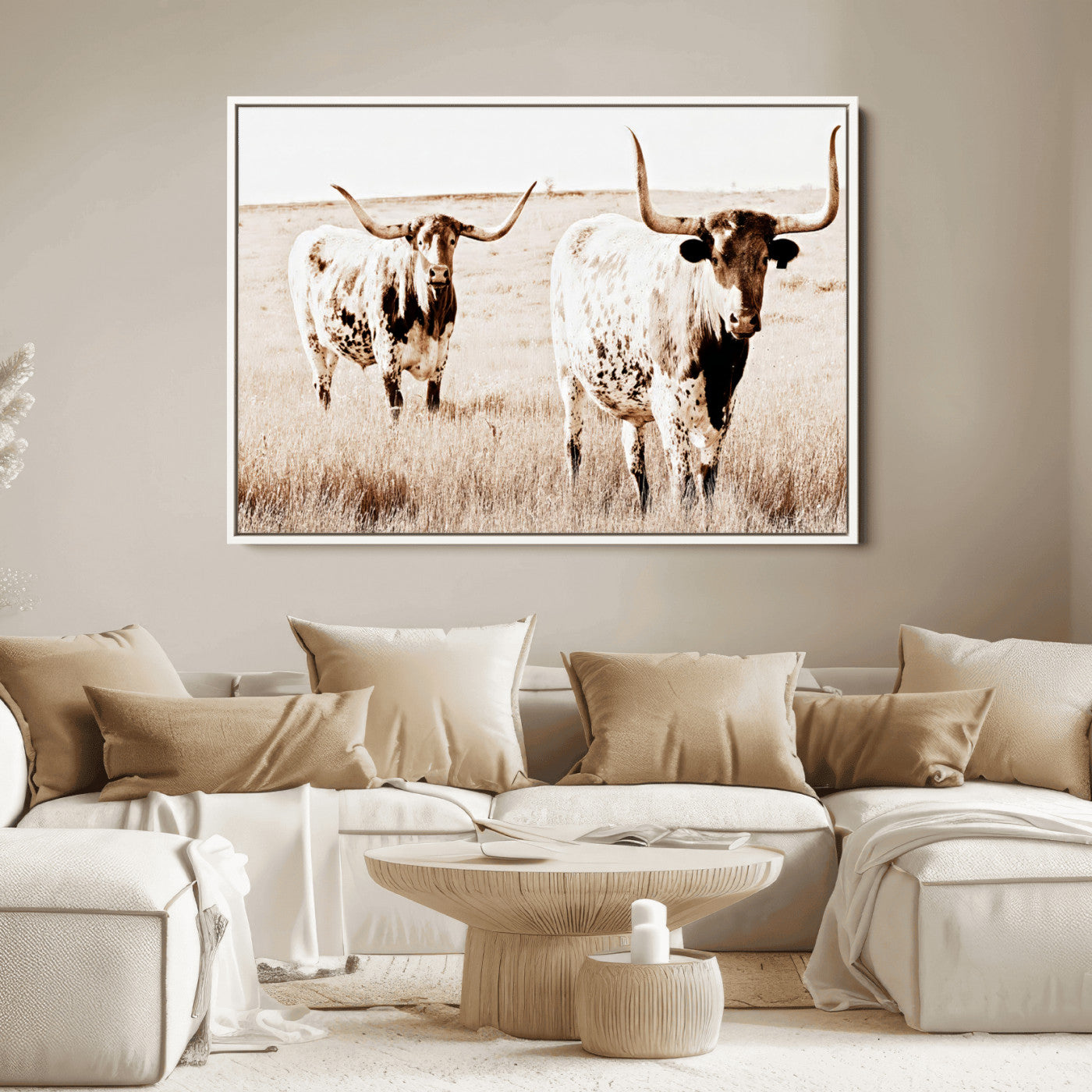 Two Texas longhorn cows standing in a sepia-toned pasture, evoking rustic charm perfect for farmhouse or western country interiors. (