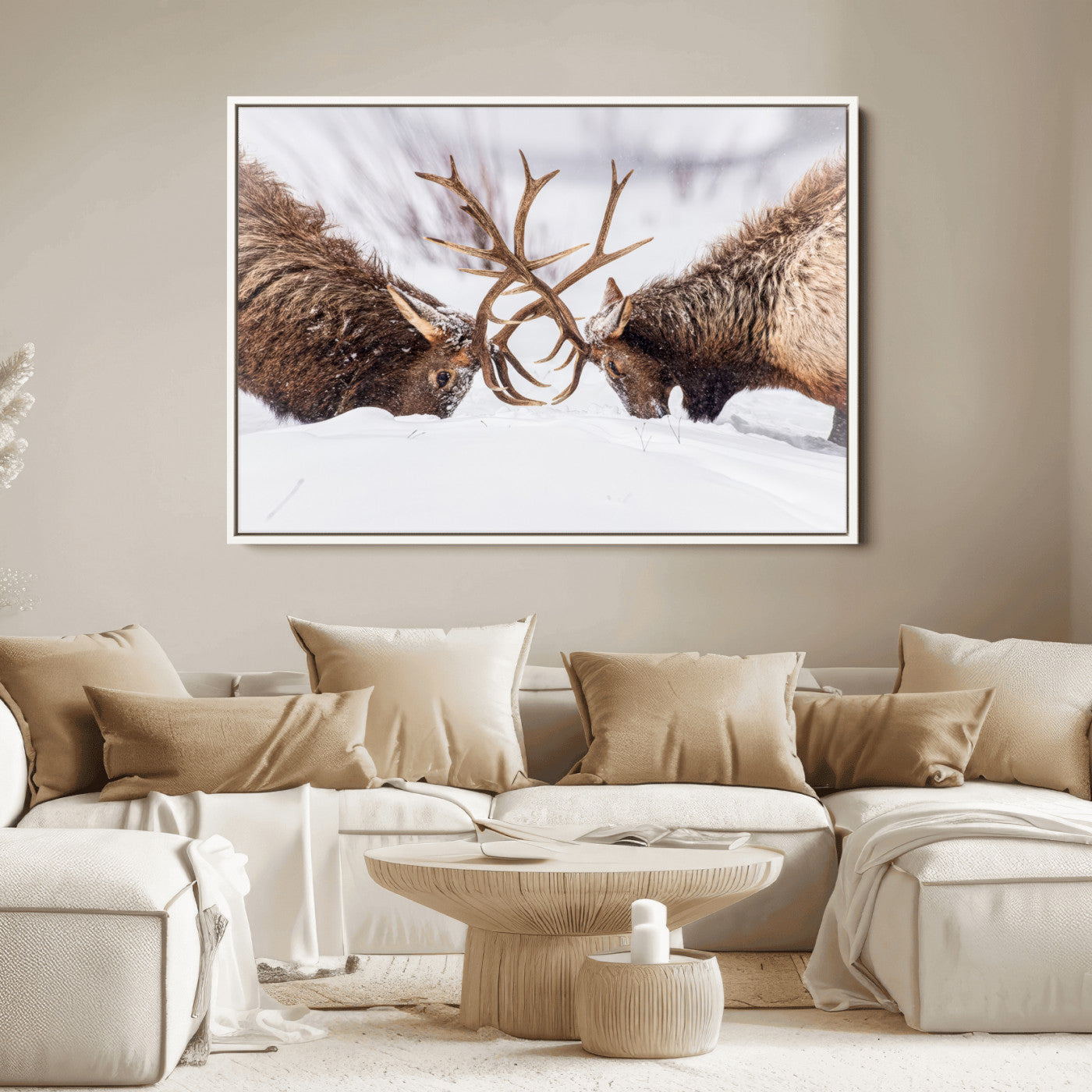 Two elk clashing antlers in a snowy forest, capturing raw power and wild energy, ideal for rustic cabin or lodge-style decor.